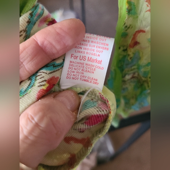 Derhy Yellow and Green Graphic Embellished Blouse, Sheer Sleeves. - Picture 8 of 10